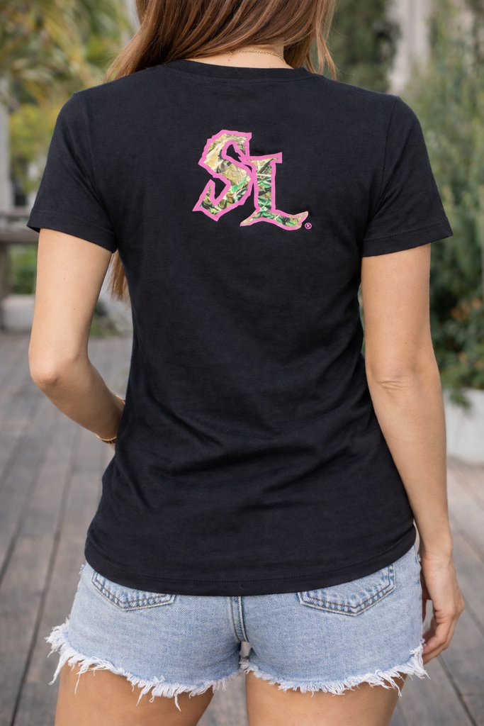 Woman Black Tee Shirt with Pink and Camo Logo